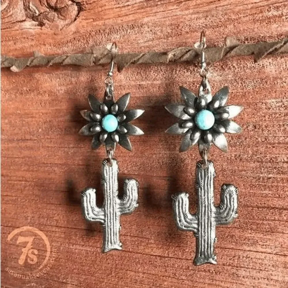 FLOWER CACTUS SILVER TURQUOISE DANGLE EARRINGS